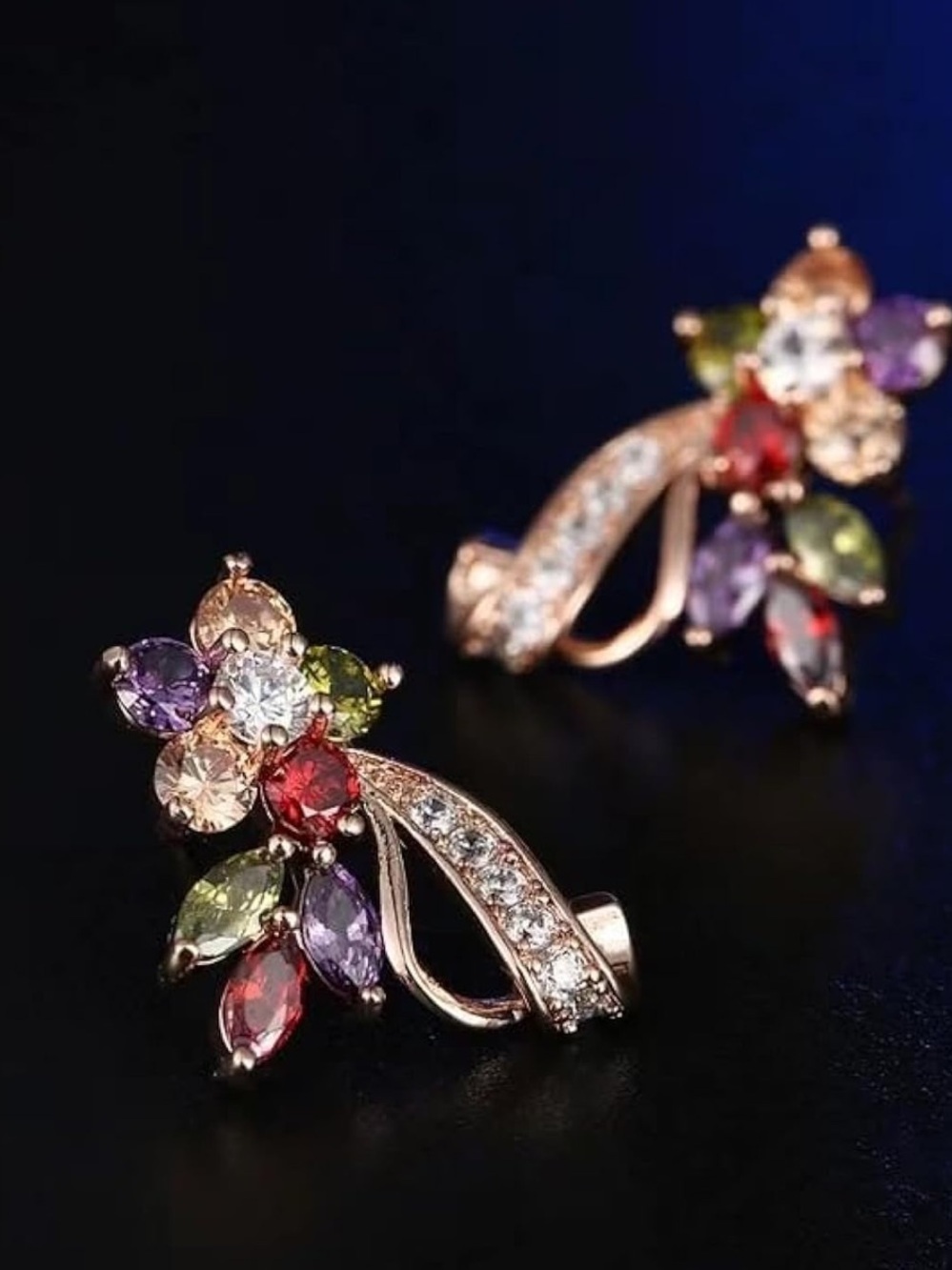 Multicolor Floral Rose Gold Earrings - Elegant Women Jewelry - Picture 3 of 6